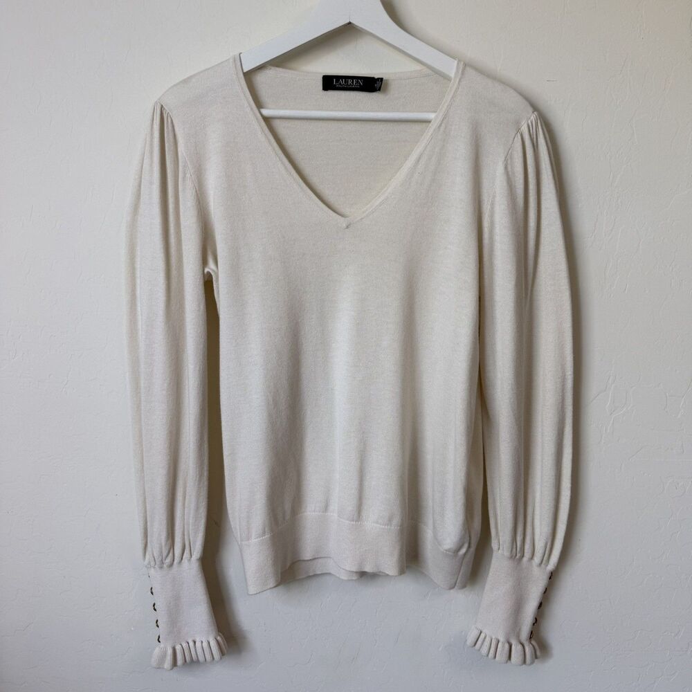 Lauren Ralph Lauren Womens M Button Ruffle Sleeve Sweater Money Yacht Holidays